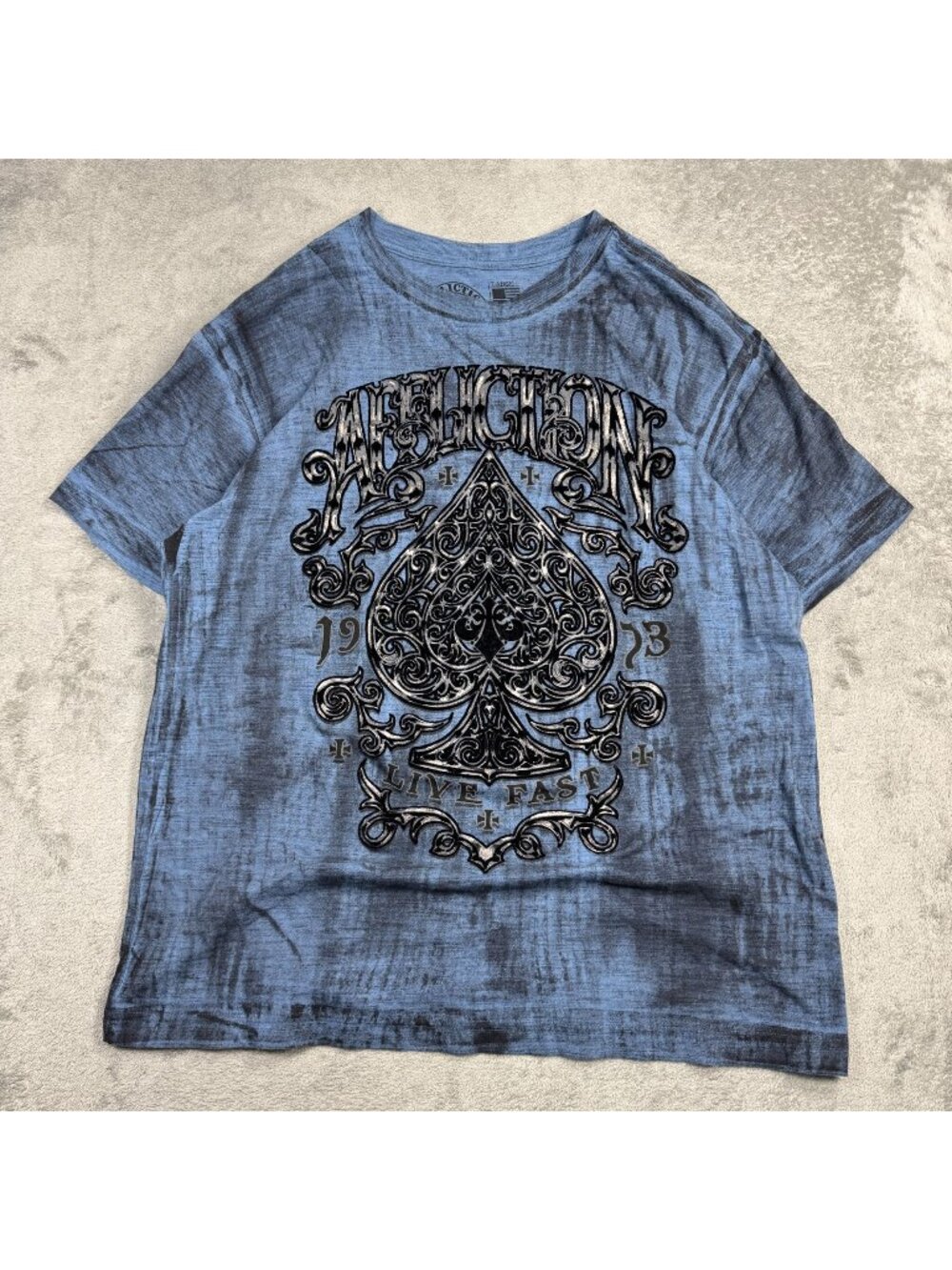 Affliction Mens L Polaris Felt Graphic Blue Dip Dye T-Shirt Grunge Skater Emo